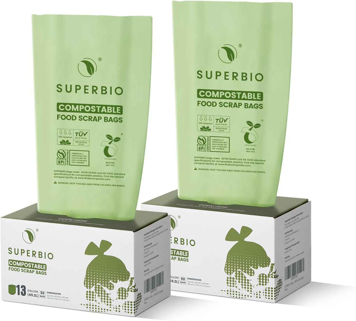 SUPERBIO 13 Gallon Flat Top Compostable Food Waste Bags, 50 Count, 2 Pack, 49.2L, 0.87 Mil, ASTM D6400 BPI and OK compost INDUSTRIAL