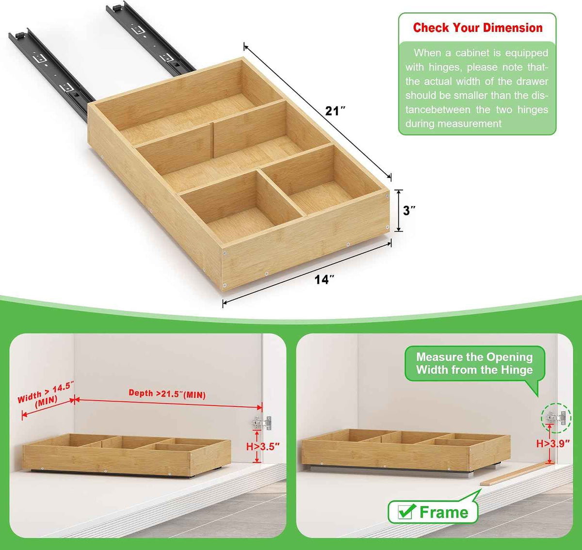 Bamboo Pull-Out Cabinet Organizer, 14" W x 21" D