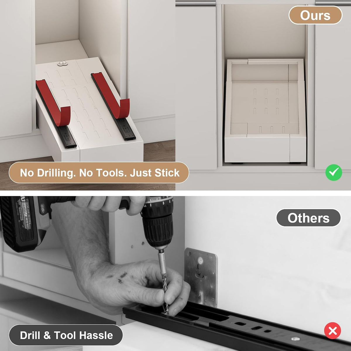 Fokyfok Pull out Cabinet Organizer,7"-11"W, 17"-24"D,Expandable,Adhesive | No Drill,Roll out Drawers,Adjustable Slide out Shelves for Kitchen,Pantry,Framed and Framless Cabinets,White,1PC - Field & Nook