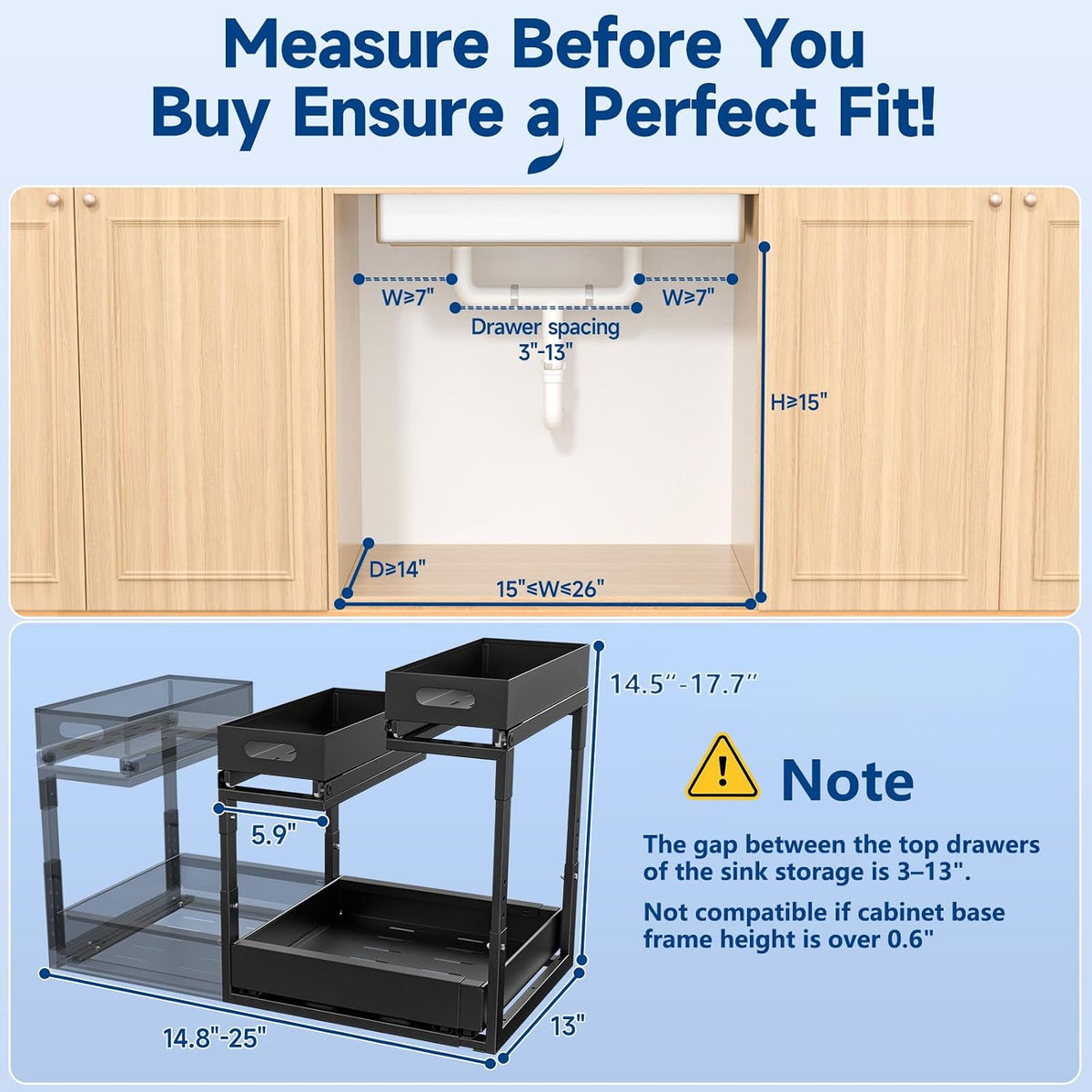 Insputer Upgrade Expandable Under Sink Organizer, 2 Tier Metal Under Cabinet Storage with 3 Slide Rails, Height Adjustable, Thickened Pull Out Drawer Shelf for Bathroom, Kitchen, Laundry, Pantry - Field & Nook