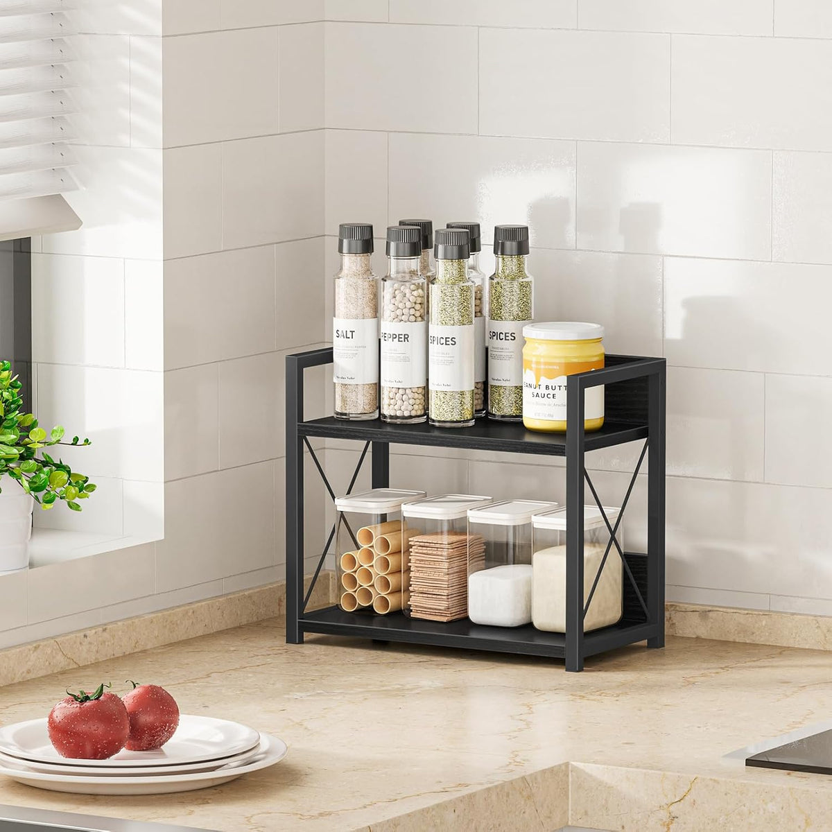 Giikin Kitchen Counter Shelf, 2 Tier Kitchen Spice Rack Organizer for Countertop, Wood Coffee Bar Organizer for Home (Black, S) - Field & Nook