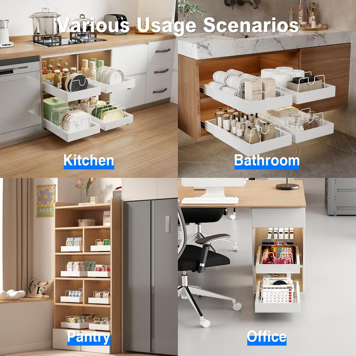 Mustorn 2 Pack Pull Out Cabinet Organizer, 21.8" Deep, White