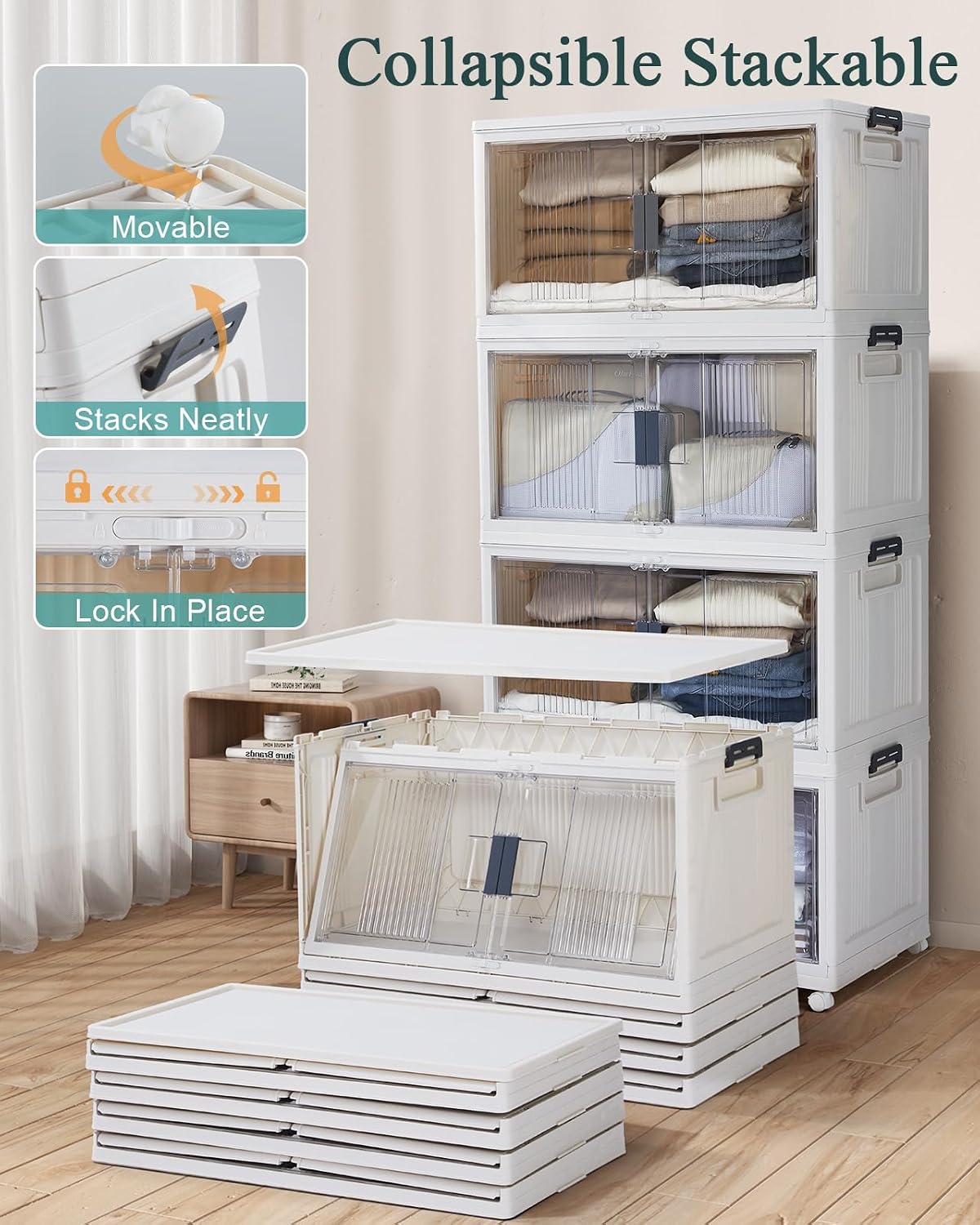 OlarHike 97QT Storage Bins with Lids for Closet, Garage, Shelves, 5 Pack | Multi-Lid, Lockable, Large Capacity, Doors & Wheels, Foldable Containers, Stackable Organizer, Plastic Drawers, School, Dorm - Field & Nook