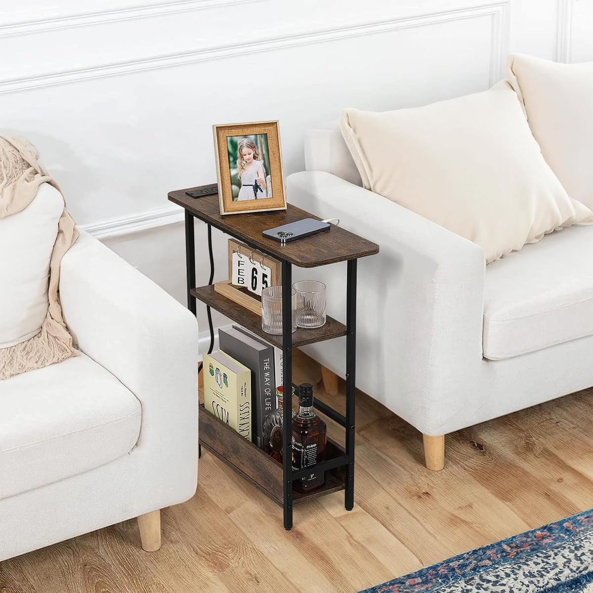 Narrow Sofa Side Table – Charging Station and Storage Shelves