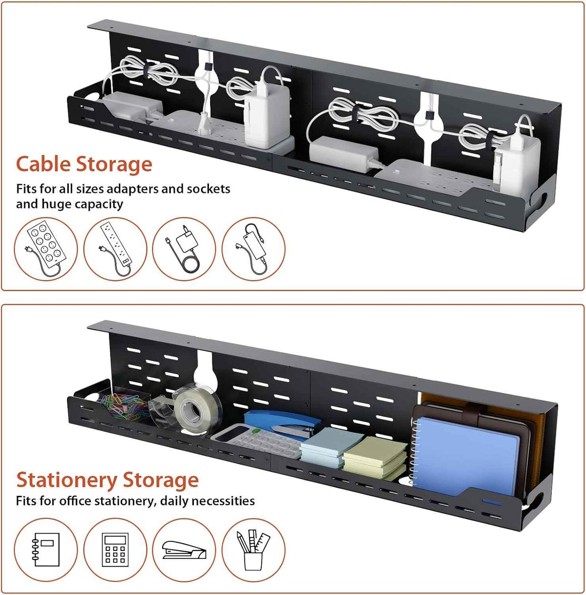 32-Inch Under-Desk Cable Tray – Dual-Mount Steel Cord and Power-Strip Organizer, Black