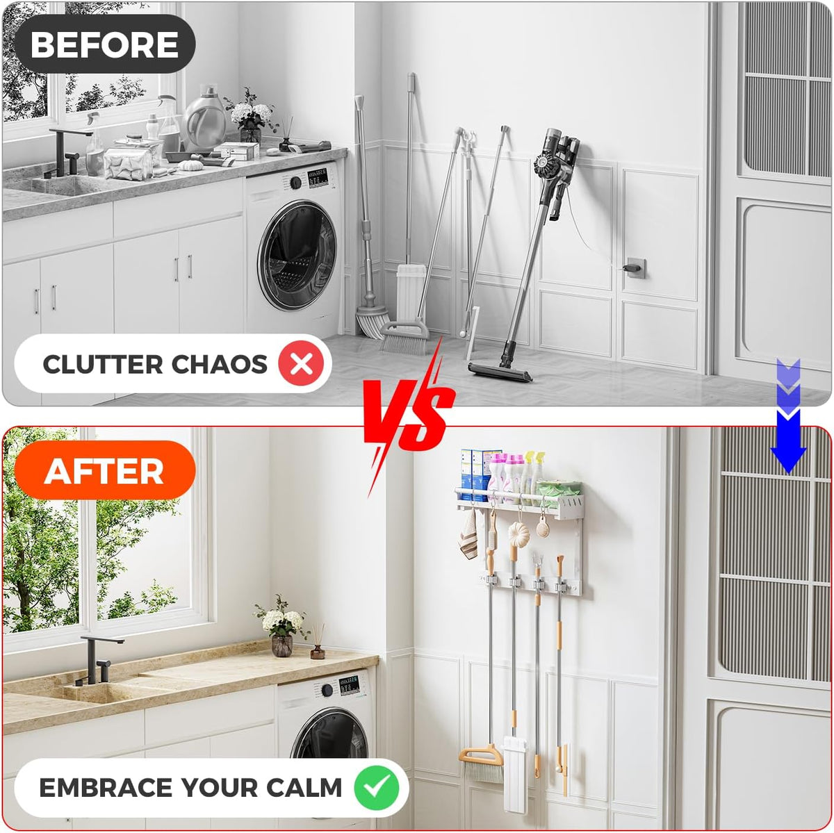 Broom Holder Wall Mount with Shelf – Broom Hanger with 4 Hooks – Broom Rack - Field & Nook