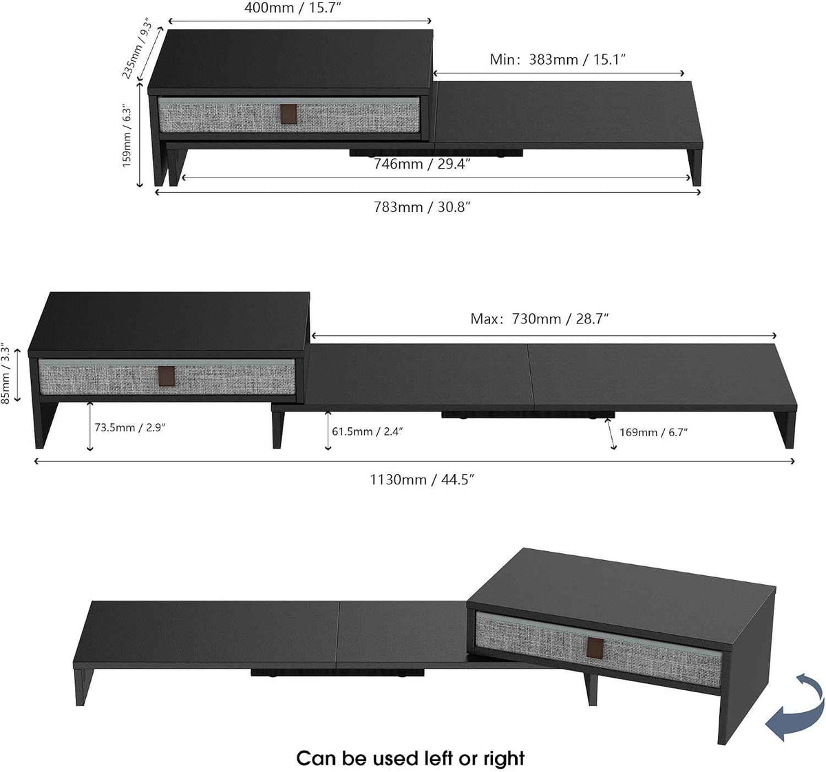 Fenge Triple Monitor Stand with Srorage Drawer, Adjustable Length and Angle | Computer Monitor Riser for 2 or 3 Monitors, Wooden Desktop Laptop Stand, Office Organizer for PC, Screen, Tablet, Black