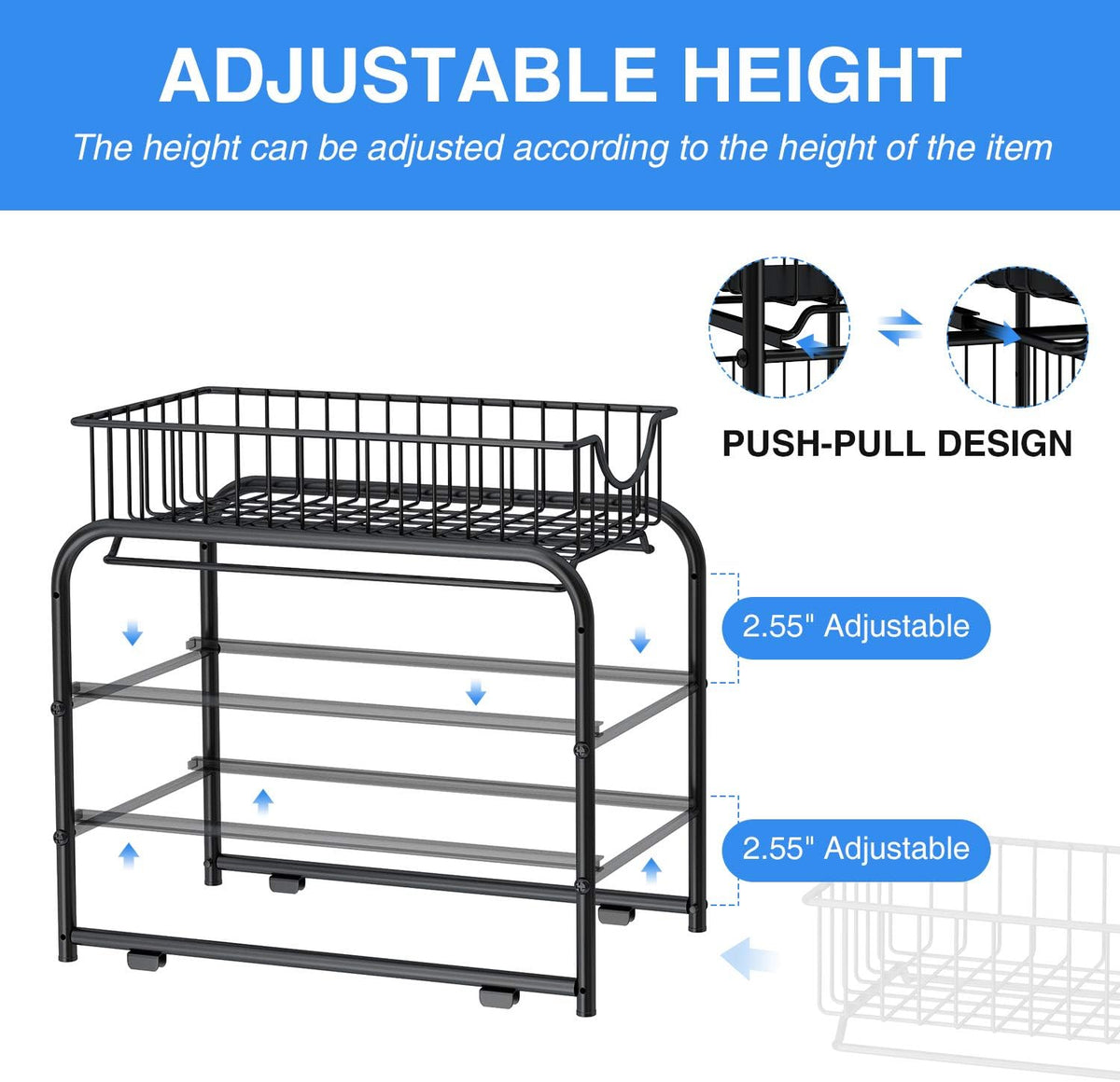 2-Tier Pull Out Organizer Under Sink Sliding Cabinet Rack,Black | Stackable Sliding Storage Drawer organizer with adjustable height and anti slip pad. Kitchen,Office or Cabinet Storage - Field & Nook