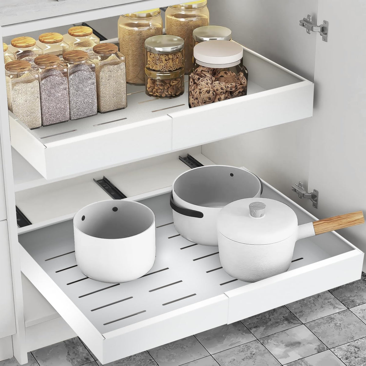 Expandable Pull Out Drawers for Cabinets(White) : Kitchen and Pantry Organizer, Sliding Cabinet Organizer with Adhesive, Under Sink and Pots Storage, Depth 16.5". expandable pull out cabinet organizer - Field & Nook