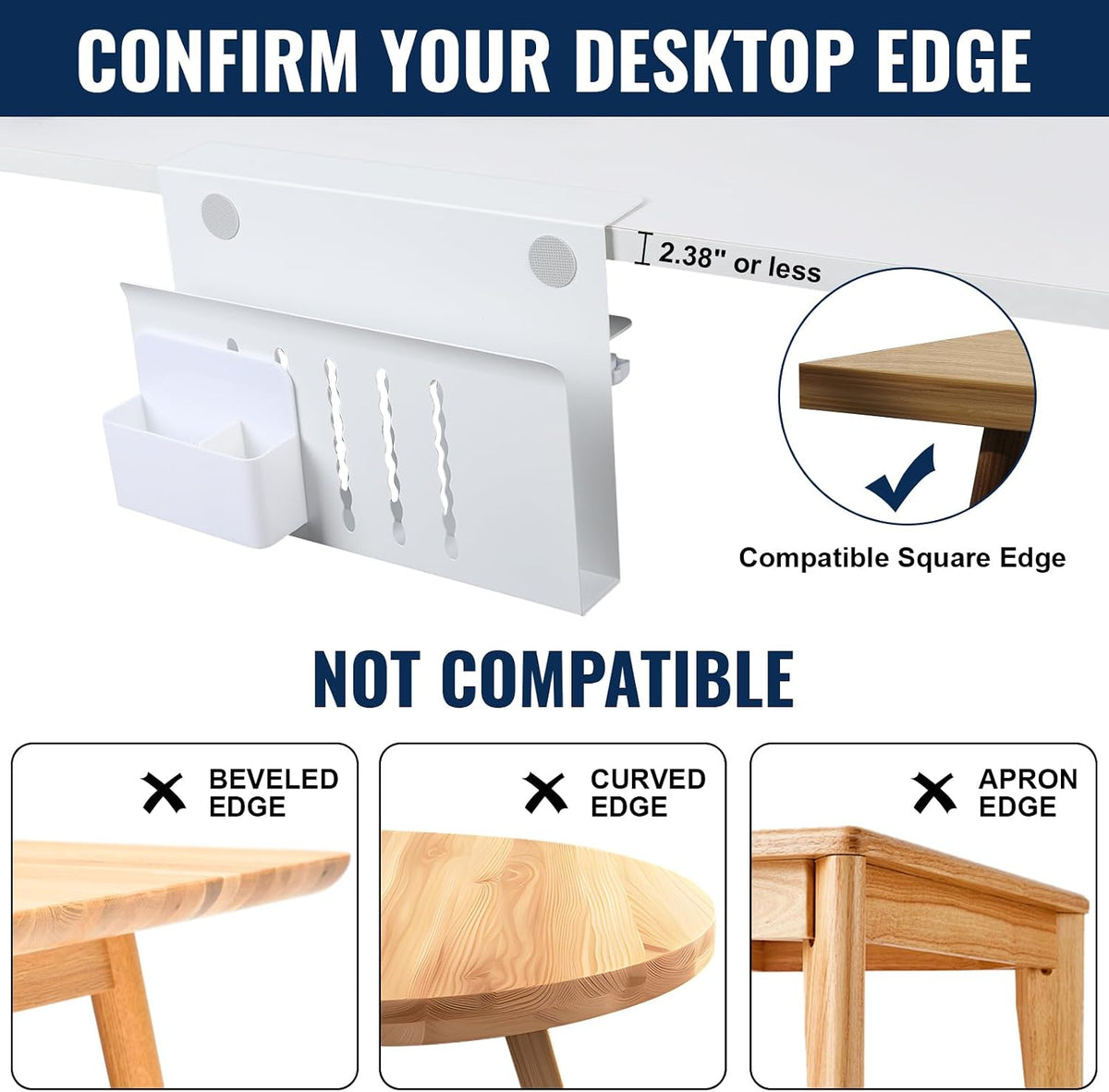 Desk Side Storage, Under Desk Hanging Storage | Standing Desk Organizer with Magnetic Pen Slot, No Drill Clamp to 0.5-2.38" Desks, 22 Lbs Carbon Steel (White) - Field & Nook