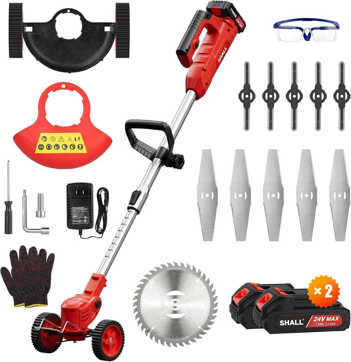 SHALL 24V Cordless Weed Wacker, 3-in-1 Electric Weed Eater Grass String Trimmer Edger, Telescopic Brush Cutter, 2 x 1.5Ah Battery Powered Lawn Mower with 3 Types Blades & Wheels for Yard Garden