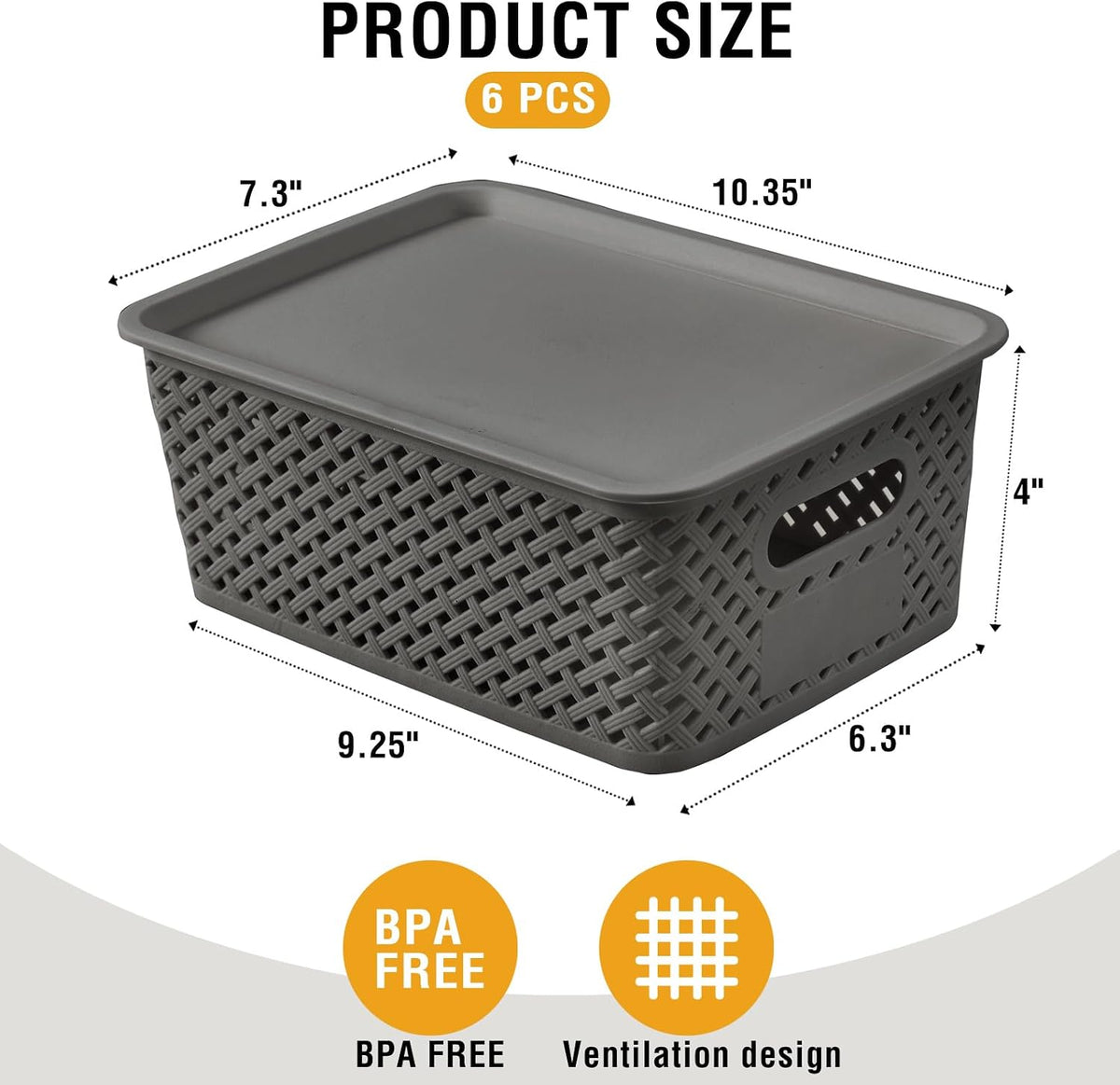 Small Plastic Twill Woven Storage Baskets with Lids, Stackable Organizing Containers with Labels for Pantry Closet Office, 6-Pack,10.35"x7.3"x4.09", Gray - Field & Nook
