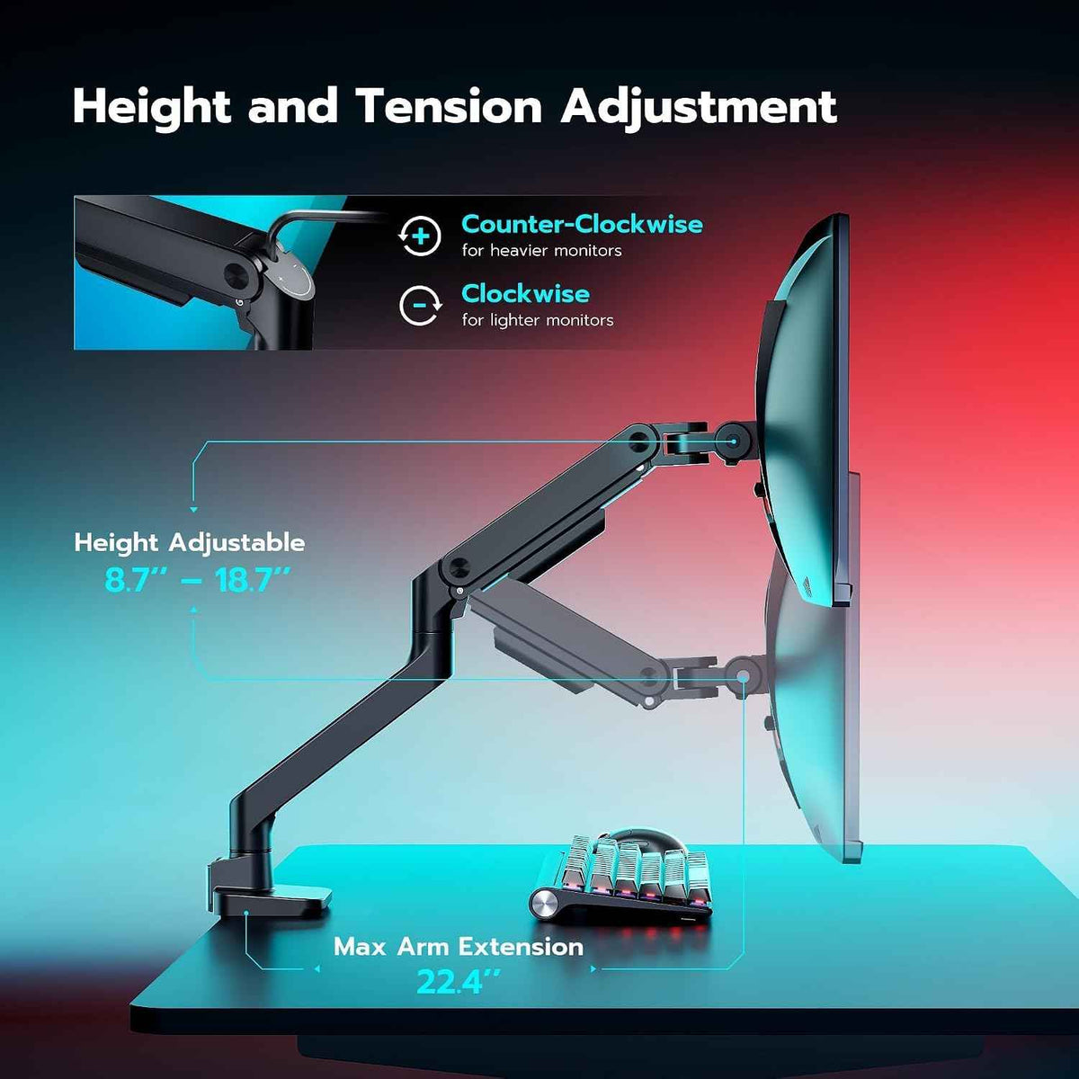 ARES WING Ultrawide Monitor Desk Arm for 17 to 49 Inch Screen, Holds 44 Lbs | Pro Gas Spring, Full Range of Motion, for 75/100 Vesa Mount, for Samsung, LG Curved/Flat Monitor, with C Clamp, Grommet Base