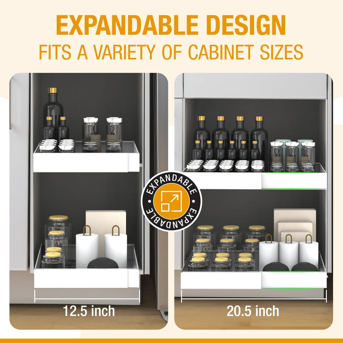 Expandable Pull Out Drawers for Cabinets(White) : Kitchen and Pantry Organizer, Sliding Cabinet Organizer with Adhesive, Under Sink and Pots Storage, Depth 16.5". expandable pull out cabinet organizer - Field & Nook
