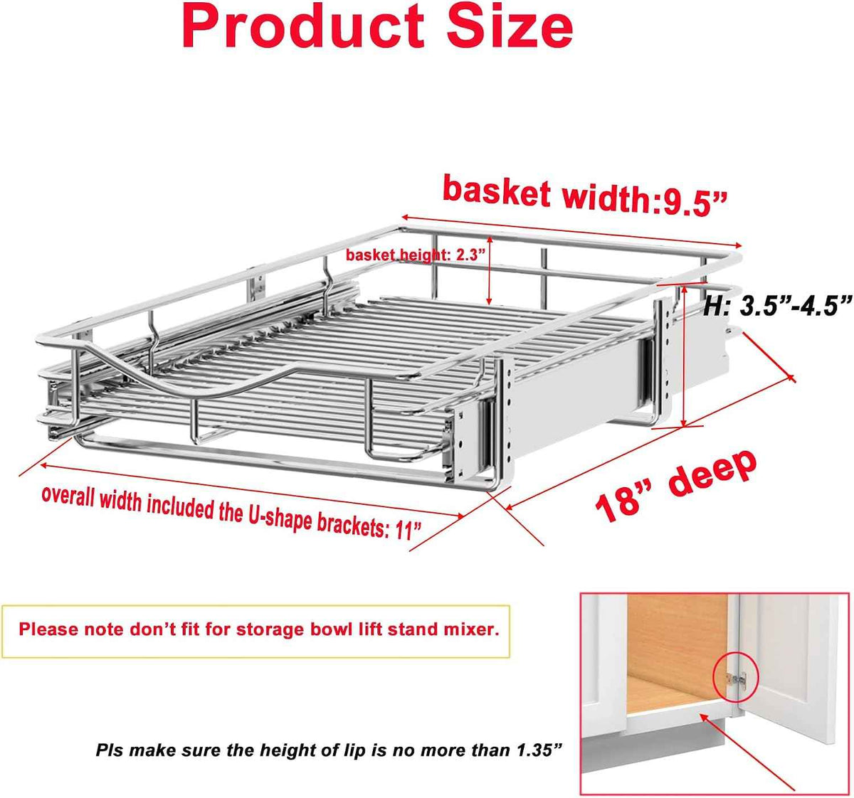 DINDON Pull Out Cabinet Organizer, 11" W x 18" D