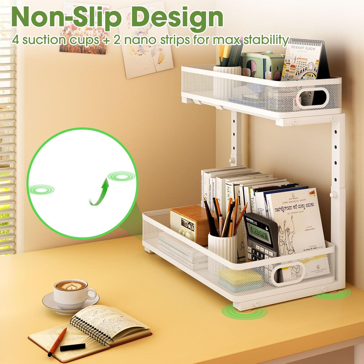 Under Sink Organizer 2-Pack, Metal 2-Tier Pull-Out Cabinet Shelf with Slide-Out Mesh Drawers, Height Adjustable, Space-Saving Under Sink Storage Racks for Kitchen, Bathroom, Laundry Room, White - Field & Nook