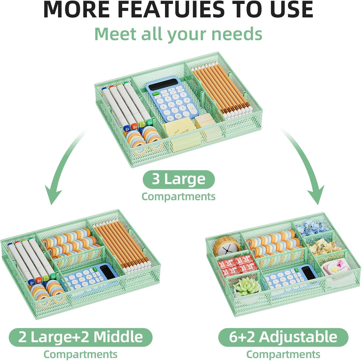 Marbrasse 2 Pack Desk Drawer Organizer, Mesh Drawer Organizer Tray with 8 Adjustable Compartments, Desk Organizers and Accessories, 5 Dividers Drawer for Office Supplies, Makeup & Vanity (Green) - Field & Nook