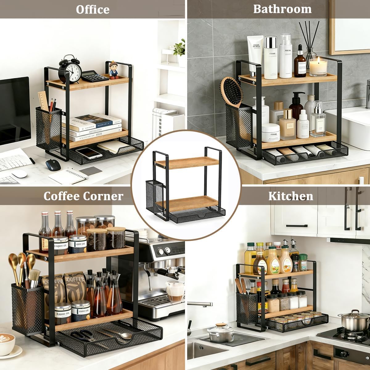 2-Tier Spice Rack Organizer for Countertop with Drawer and Basket - Field & Nook