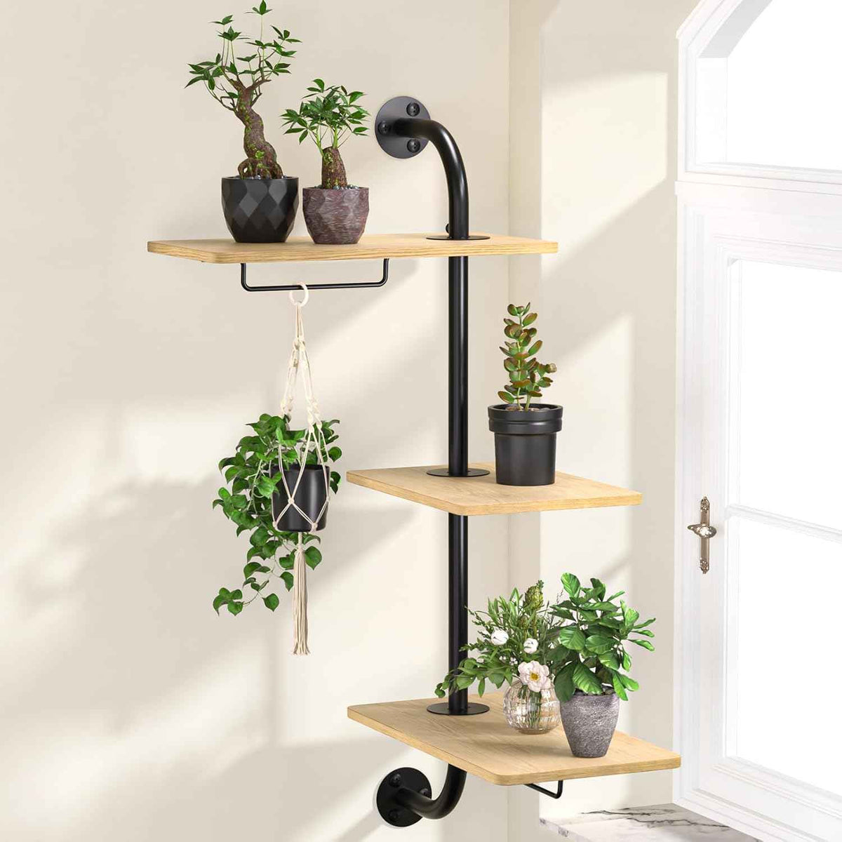DELLAN Window Plant Shelves, Rotating Plant Shelf for Window, Wall Mounted Indoor Hanging Plants Shelf (3 Tier)