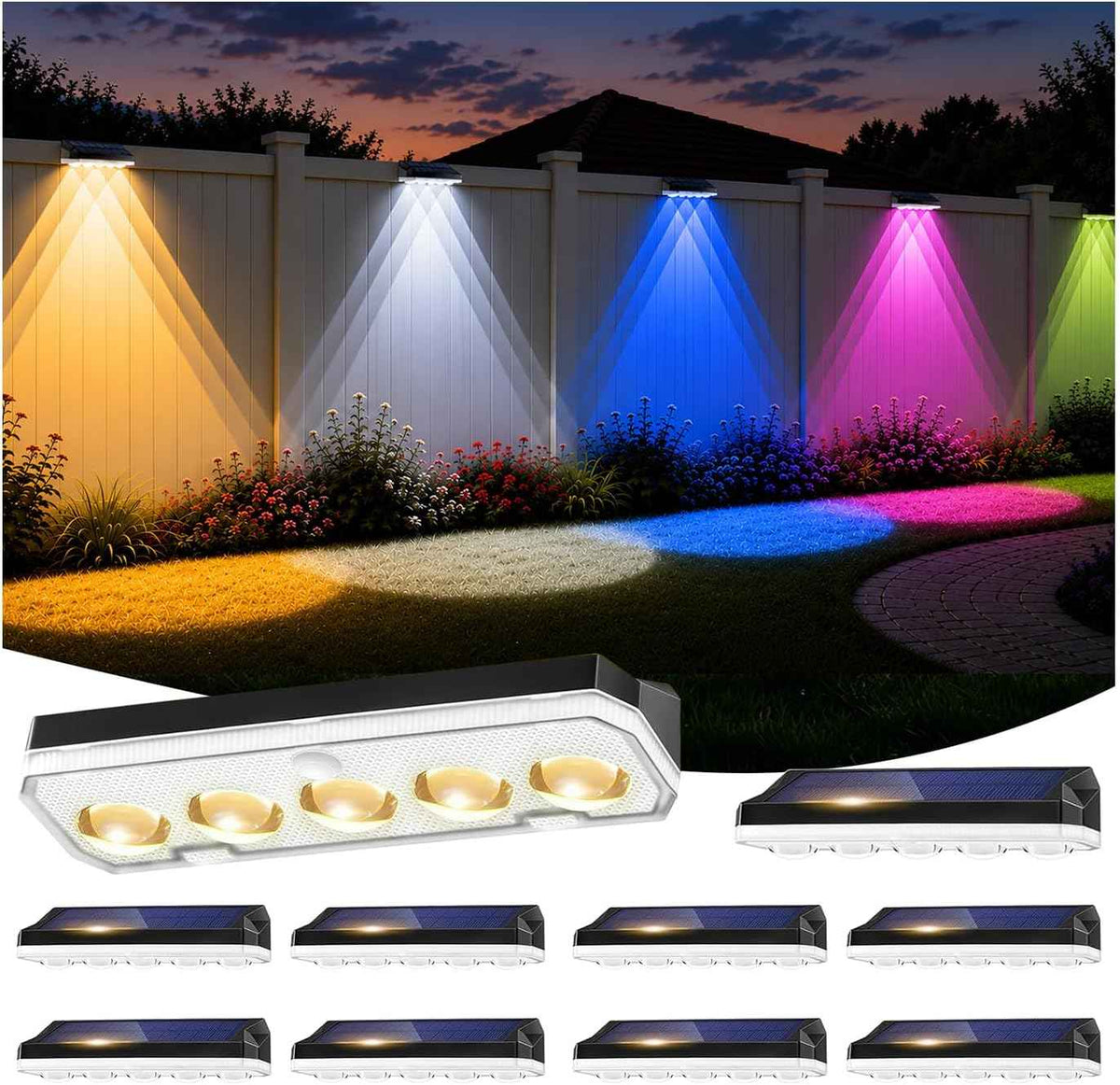 Tenmiro Solar Fence Lights Outdoor 10 Pack, 40 Modes RGB & Cold/Warm White Wall Lights with 5 Lens, IP67 Waterproof Dusk to Dawn Outside Lighs for Backyard, Patio, Yard, Pool, Deck, Railing Decor
