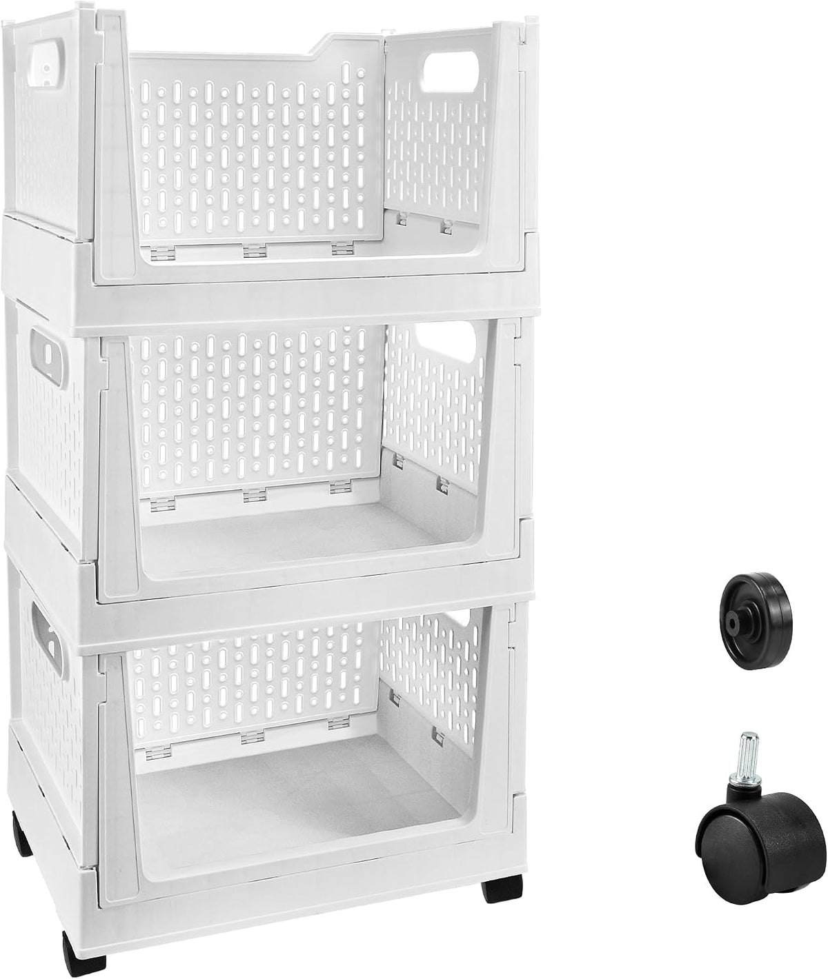 Stackable Plastic Storage Basket, 3 Pack Foldable Closet Organizers and Storage Bins with Wheels, Collapsible Drawer Shelf Storage Box Container for Office Bedroom Closet Wardrobe Kitchen Bathroom - Field & Nook