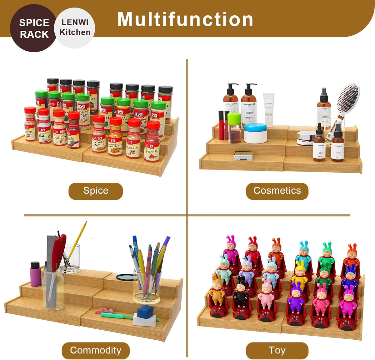 Lenwi Spice Rack Organizer for Cabinet, 3 Tier Expandable Bamboo Spice Storage for Kitchen Cupboard Pantry - Field & Nook