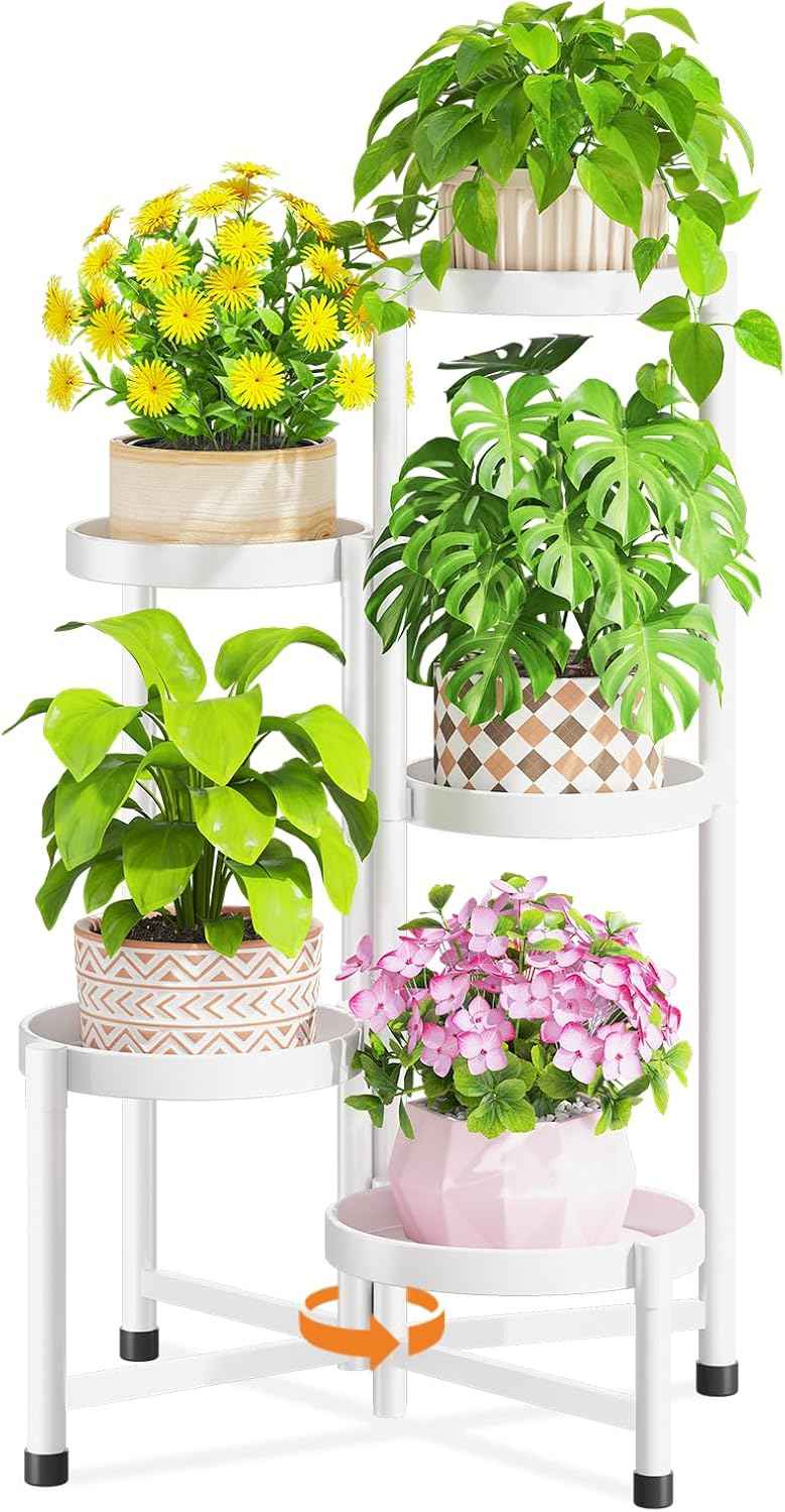LASZOLA 5 Tiered Folding Plant Stand Indoor for Multiple Large Planter, Tall Heavy Duty Adjustable Rack with Rust Proof 10 Inch Wide Tray, Sturdy Vertical Tree Organizer for Narrow Inside Floor, White