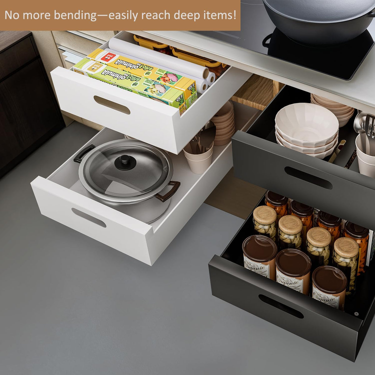 HBL' 2 Pack | 21" Deep Pull Out Cabinet Organizer Adhesive, 10-Inch Wide Sturdy Carbon Steel Roll-Out Drawers, Designed for Frameless Cabinets, Slide-Out Shelves for Pantry. - Field & Nook