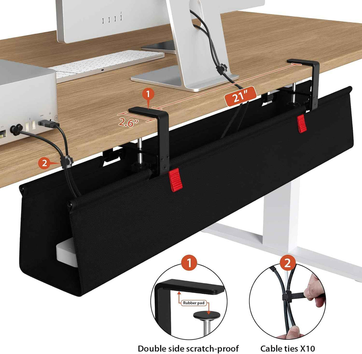 36-Inch Under-Desk Cable Tray – No-Drill Clamp-On Fabric Cord Organizer, Black
