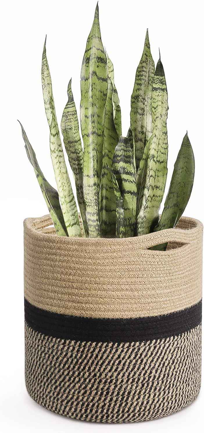 TIMEYARD Sturdy Jute Rope Plant Basket Modern Woven Baskets for 10" Flower Pot Floor Indoor Planters, 11” x 11” Storage Organizer Basket Rustic Home Decor, Black and Beige Stripes