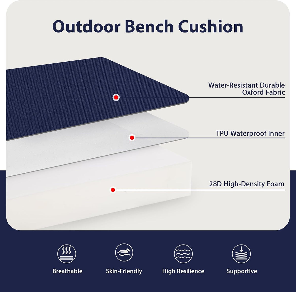 Outdoor Bench Cushion, 59 x 18 Inch, Blue | Waterproof Patio Furniture Cushions