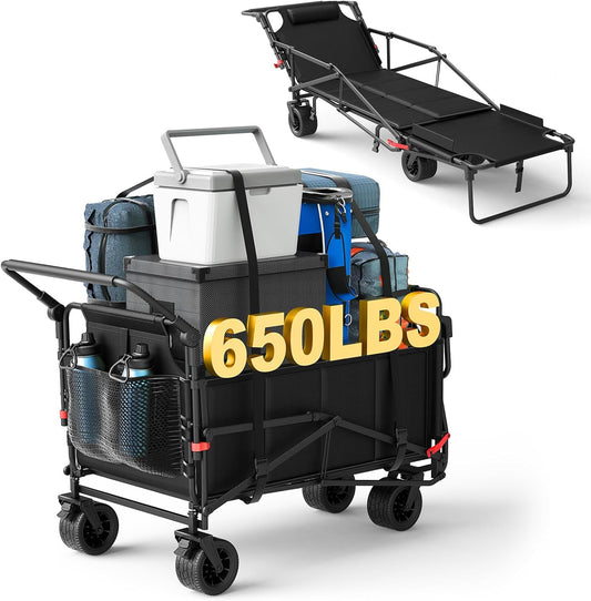 LEVELEVE Heavy Duty Folding Wagon - 2-in-1 Collapsible Cart, 650lb Capacity, All-Terrain Wheels w/Brakes & Side Pockets (Black)