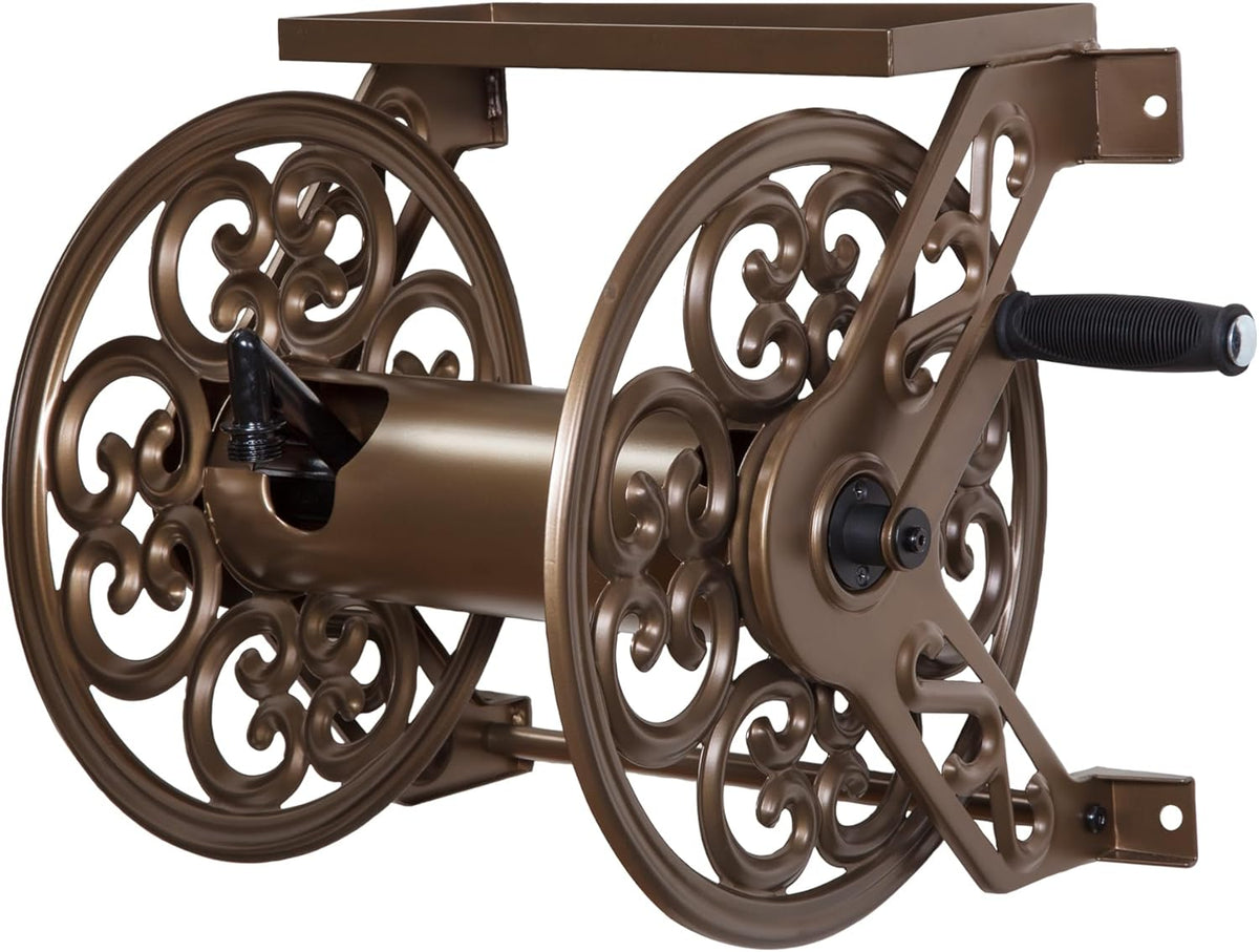 Decorative Wall-Mount Steel Garden Hose Reel – Holds 125 ft, Bronze