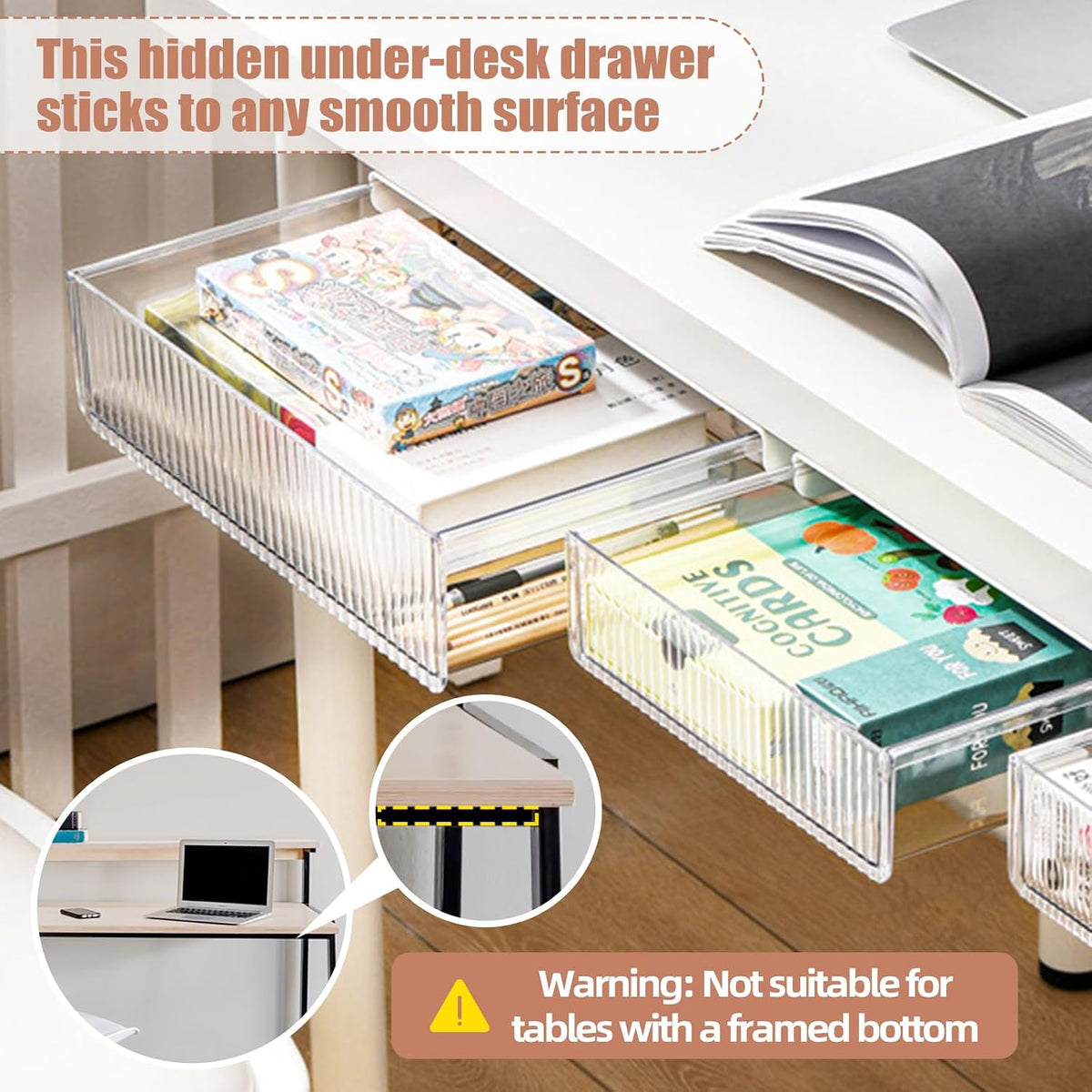 2Pcs Under Desk Storage Drawers Slide Out,Large&Medium,Stick On Drawers,Under Desk Organizer Hidden Under Table Drawer for Home Office School Organization and Storage-Clear White - Field & Nook
