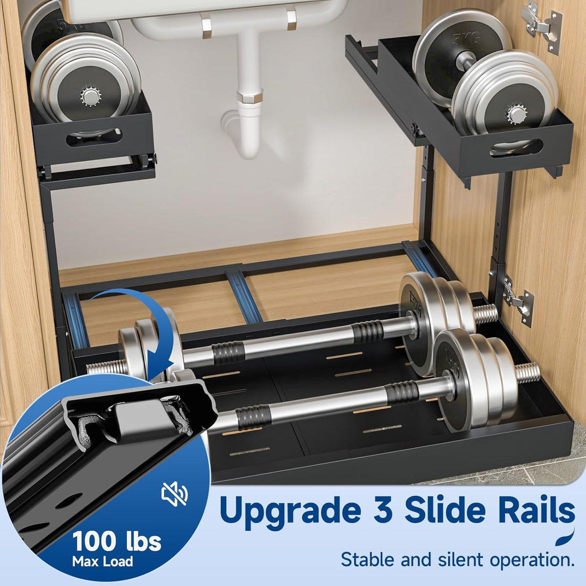 Insputer Upgrade Expandable Under Sink Organizer, 2 Tier Metal Under Cabinet Storage with 3 Slide Rails, Height Adjustable, Thickened Pull Out Drawer Shelf for Bathroom, Kitchen, Laundry, Pantry - Field & Nook