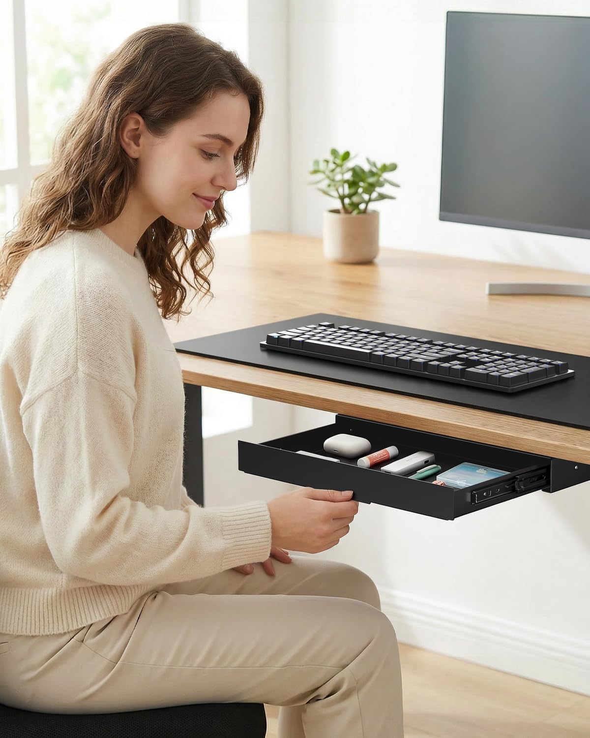 PUTORSEN Under Desk Storage Drawer 14.8" Wide - Smooth Slide Out Organizer for Standing Desk & Home Office, Max Load 17.6 lbs, Quiet Glide, Black - Field & Nook