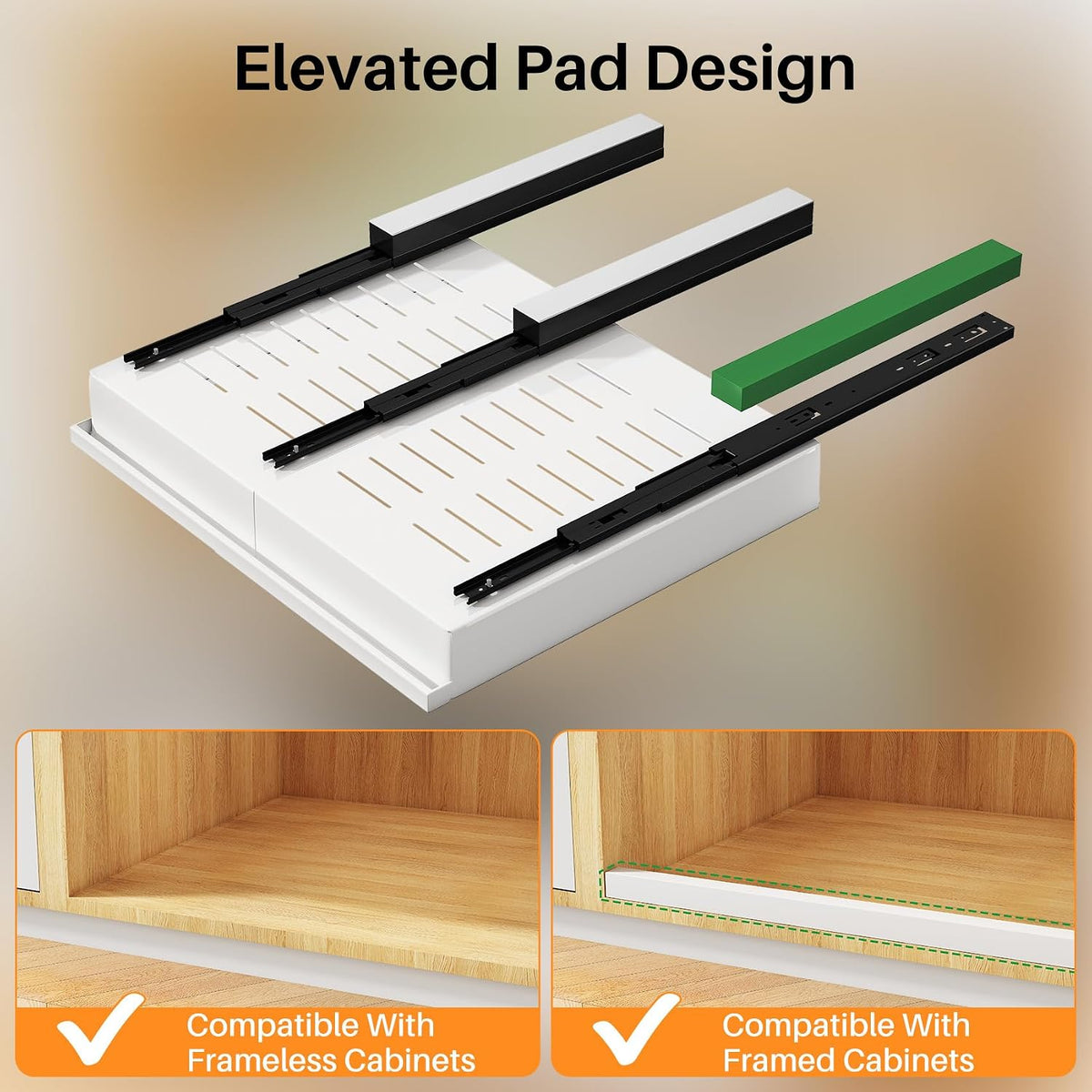 Pull out Cabinet Organizer, 1-Pack Expandable(13.6"-24") Silde out Drawers with Raising Pad for Framed Cabinets, Adjustable Full-Extension Adhesive Roll out Shelves for Kitchen Pantry Home Pot and Pan - Field & Nook