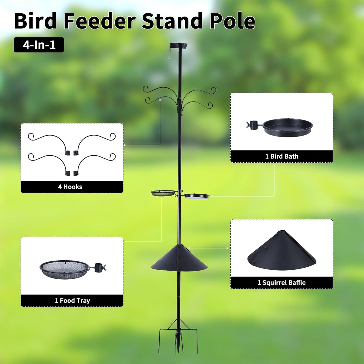 4 in 1 92 Inch Bird Feeder Pole with Squirrel Baffle | With Bath, Food Tray, 4 Hooks and Holds Cage, Metal, For Outdoors, Heavy Duty, Weatherproof