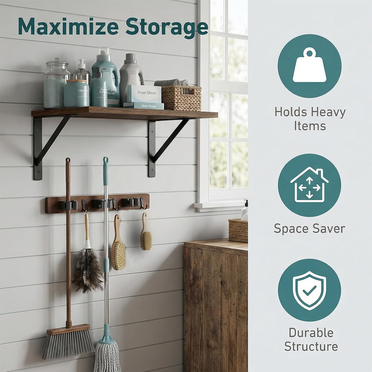 Broom and Mop Organizer Wall Hanging with Cleaning Supplies Organizer Shelf - Field & Nook
