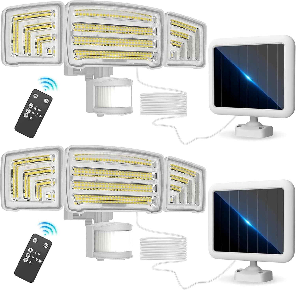 Energetic Solar Outdoor Lights, 1800LM 150 LED Security Motion Sensor Outdoor Lights with Remote Control, IP65 Waterproof Floodlight, 3 Head Motion Detected Spotlight for Garage, Pack of 2 (White)