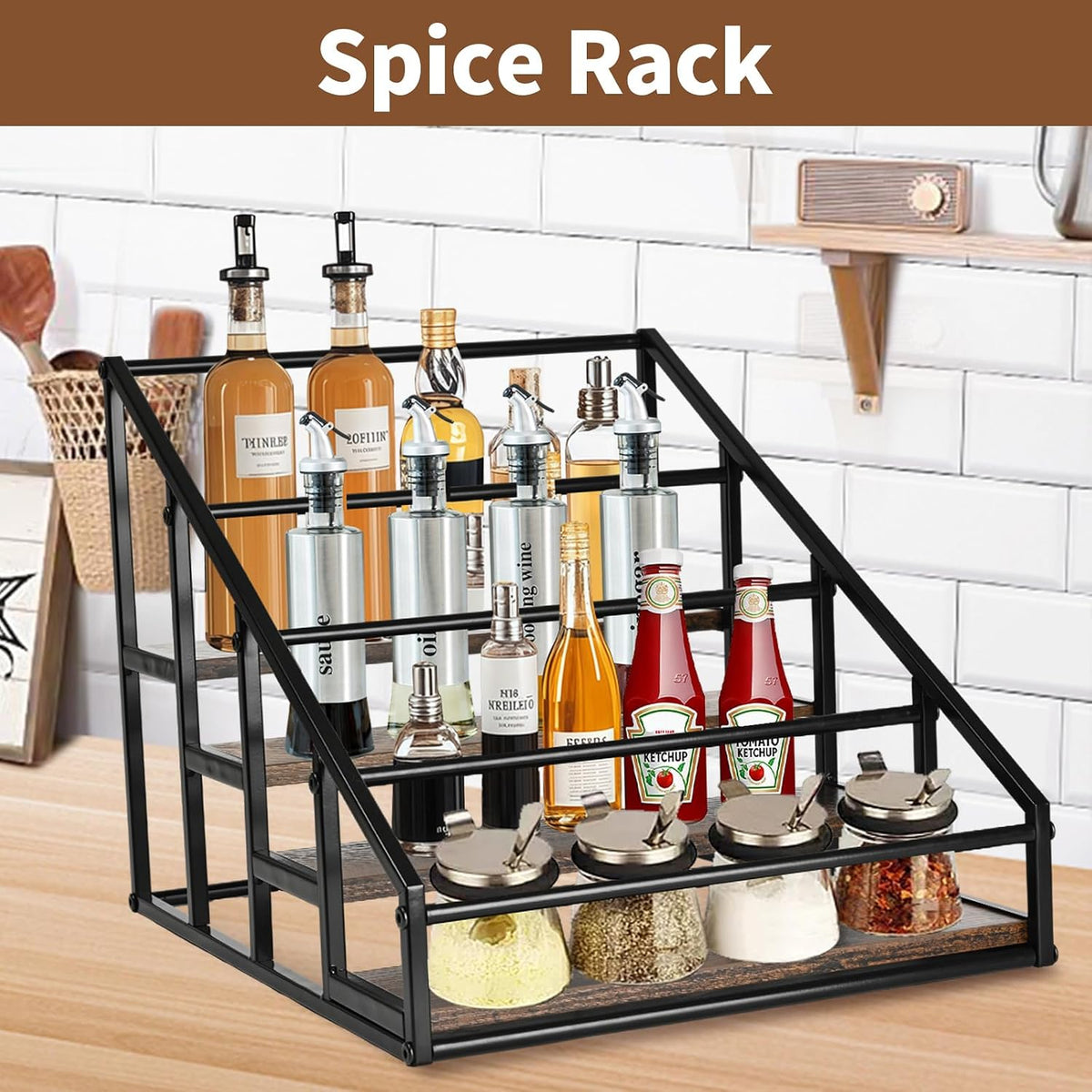 YQBRAO 4-Tier Coffee Syrup Organizer, 16-Bottle Rack, Rustic Brown | Holds up to 16 bottles with stepped visibility; rustic wood and metal design for syrups, kitchens, and home coffee bars. - Field & Nook