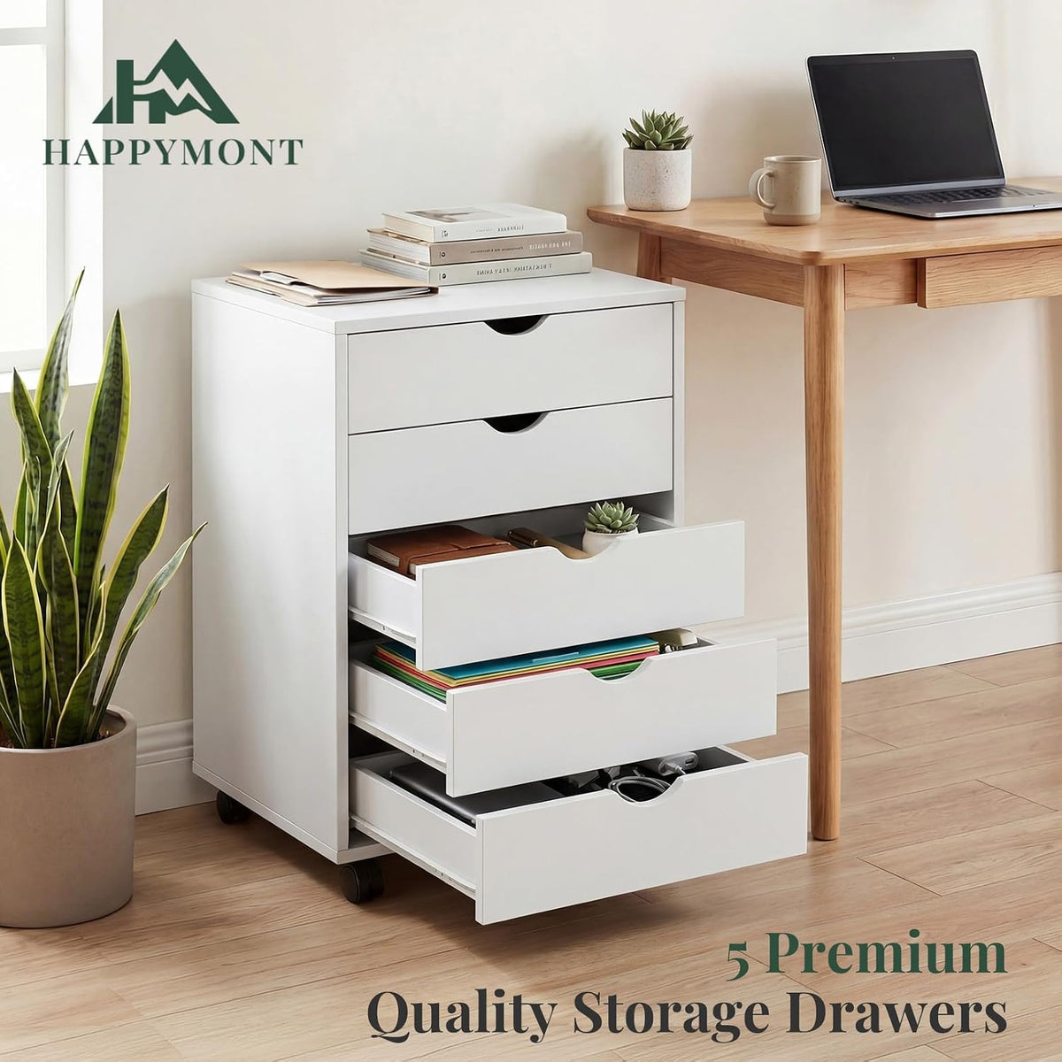 Mobile File Cabinet Under Desk, 5 Drawer Storage Organization | Printer Stand with Wheels, Vertical Filing Chest Rolling Wood Small Desk Printer Stand for Home Office, Living Room, White - Field & Nook