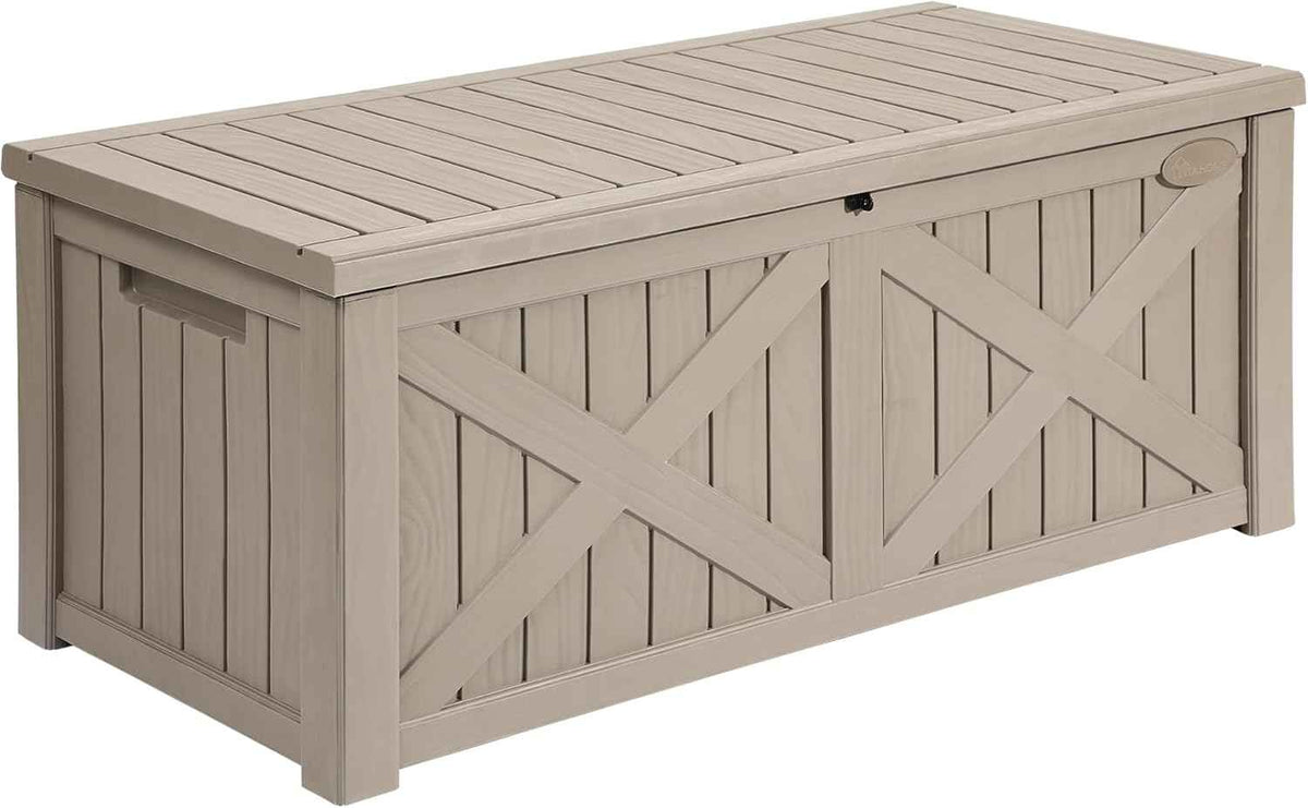 YITAHOME 120 Gallon Large Deck Box, Upgraded Resin Outdoor Storage Boxes w/Flexible Divider, Waterproof Cushion Storage Bench for Patio Furniture, Pool Supplies, Garden Tools - Lockable, Taupe