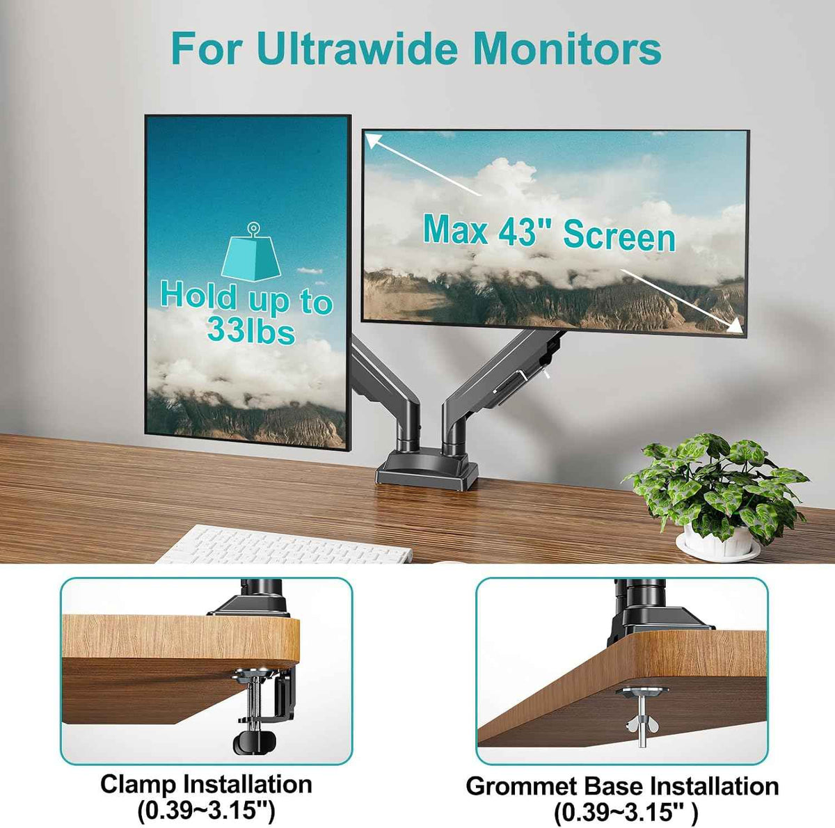 MOUNT PRO Ultrawide Dual Monitor Arm for Max 43" Monitor, Holds up to 33lbs | Fully Motion Monitor Stand with Tilt/Swivel/Rotation, VESA 75x75/100x100 with C-Clamp & Grommet Base