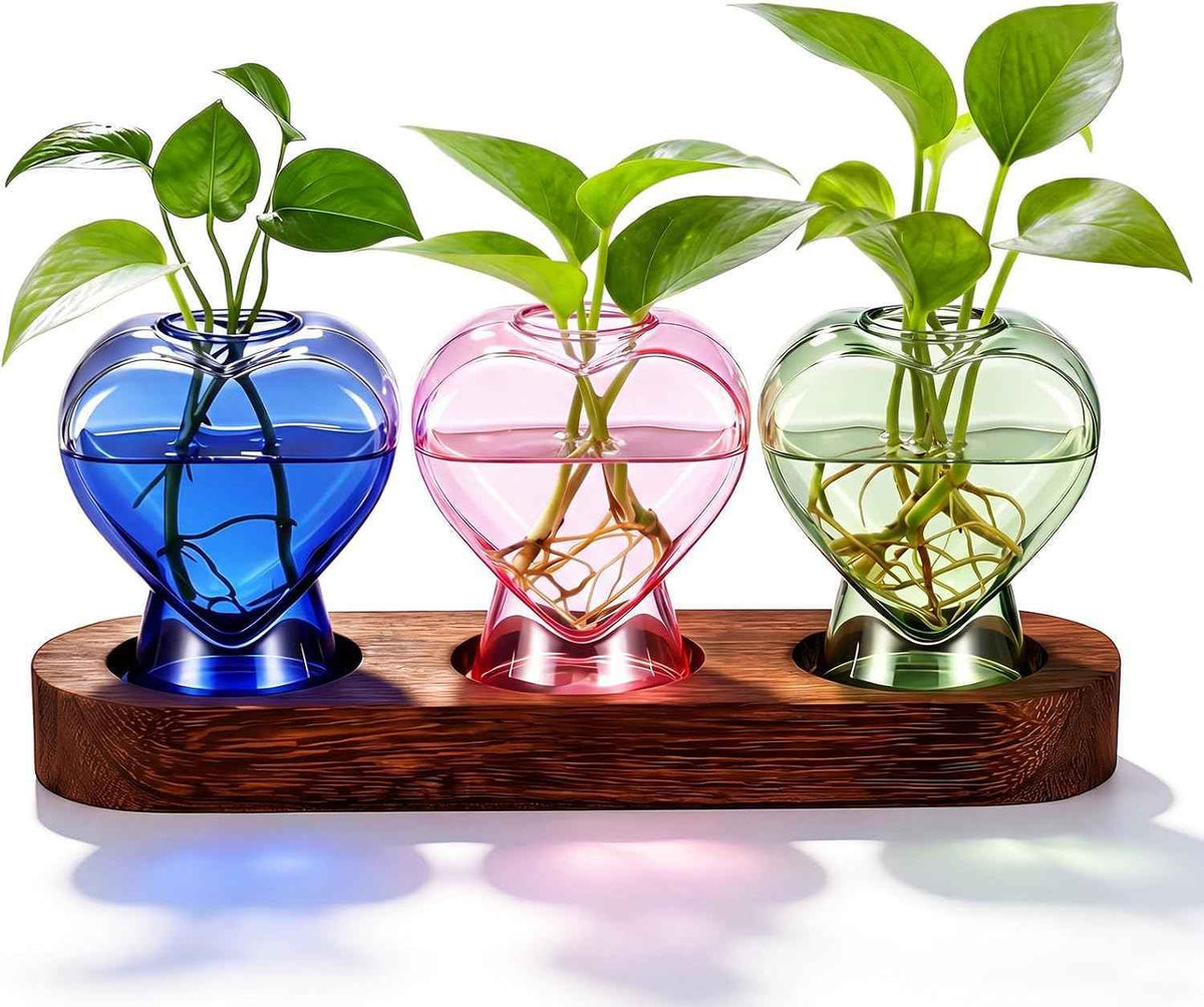 Zhehao 3 Pcs Plant Propagation Stations with Wooden Stand Heart Shaped Propagation Vases for Indoor Plants Home Office Desk Decor Gardening Gifts for Women Mom Birthday Gifts for Plants Lovers