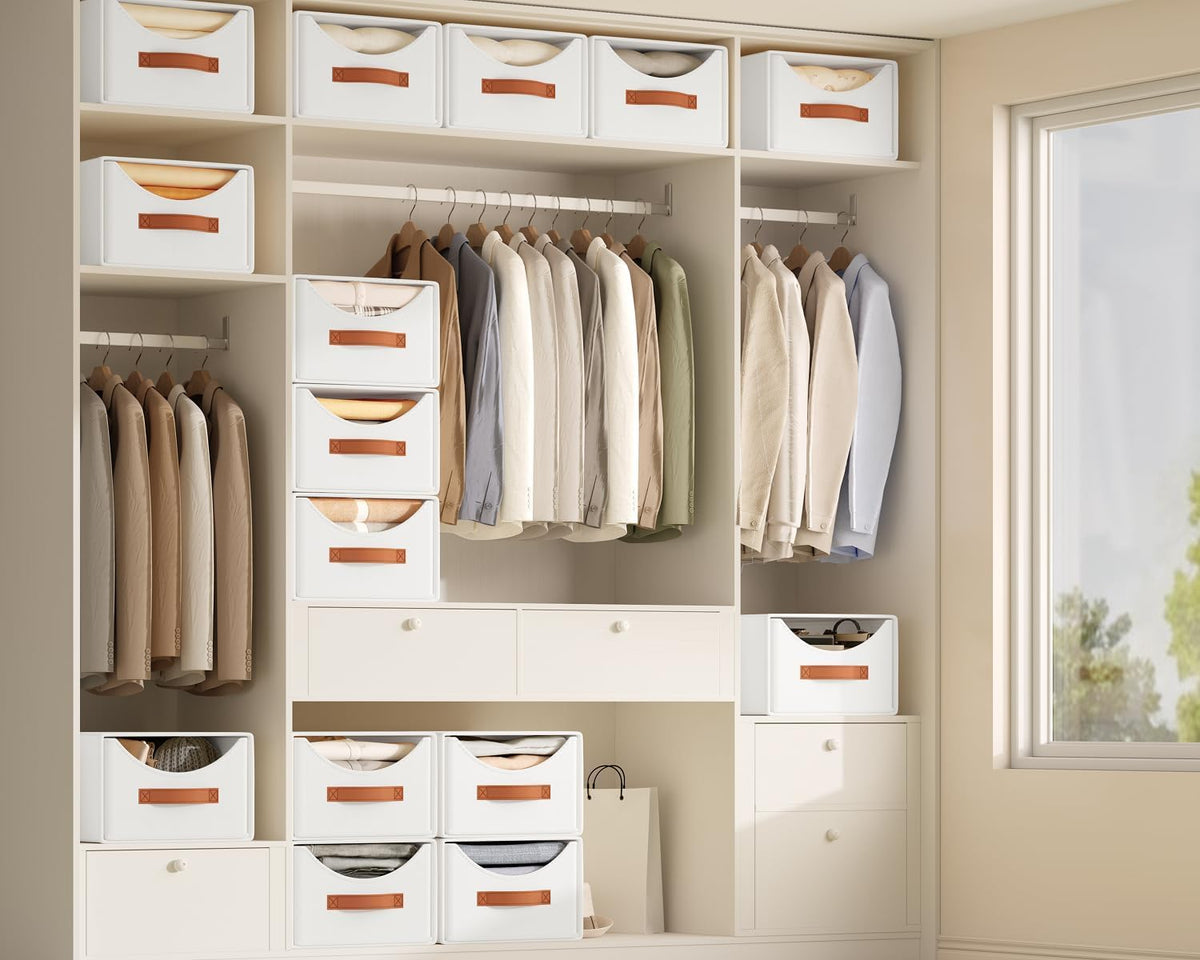 Closet Organizers and Storage - Large Stackable Storage Bins with Drawer, Fabric Bins for Organization, Collapsible Storage Drawers Organizer for Bedroom, Living Room, 4 Pack, White - Field & Nook