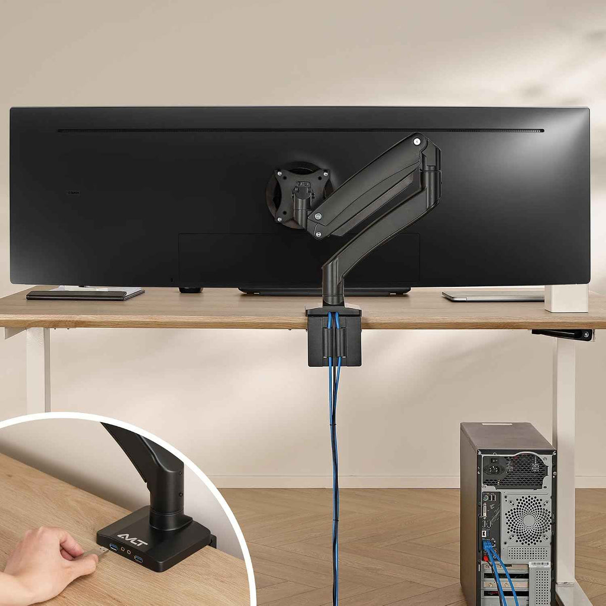AVLT Single 17"-49" Super Ultrawide Monitor Arm Desk Mount Black | Screens up to 50 lbs Premium Aluminum Stand Adjustable Pneumatic Height Full Motion Swivel Tilt Rotation USB 3.0 & AUX Ports