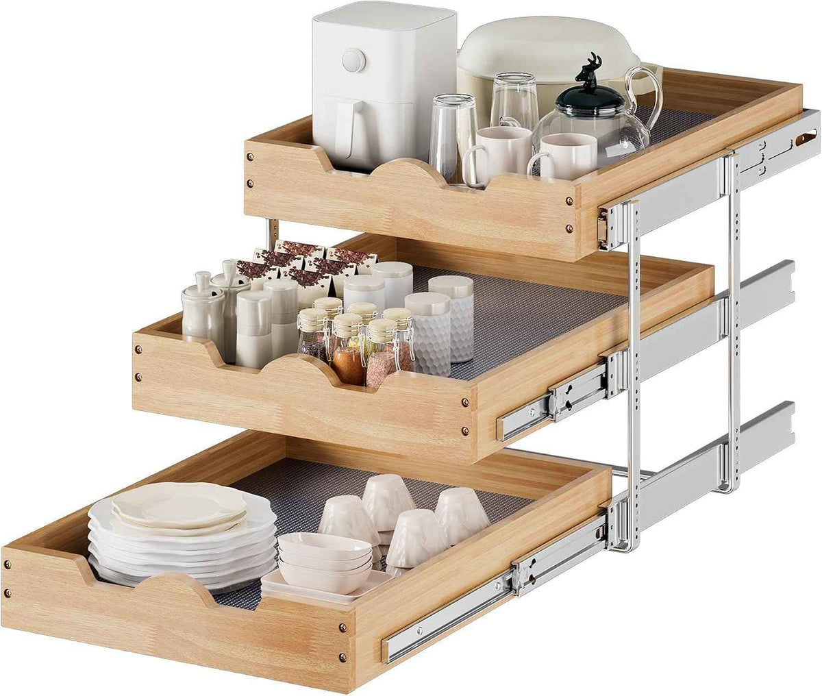 DINDON 3 Tier Pull Out Cabinet Organizer 17”W X21”D Slide Out Shelves