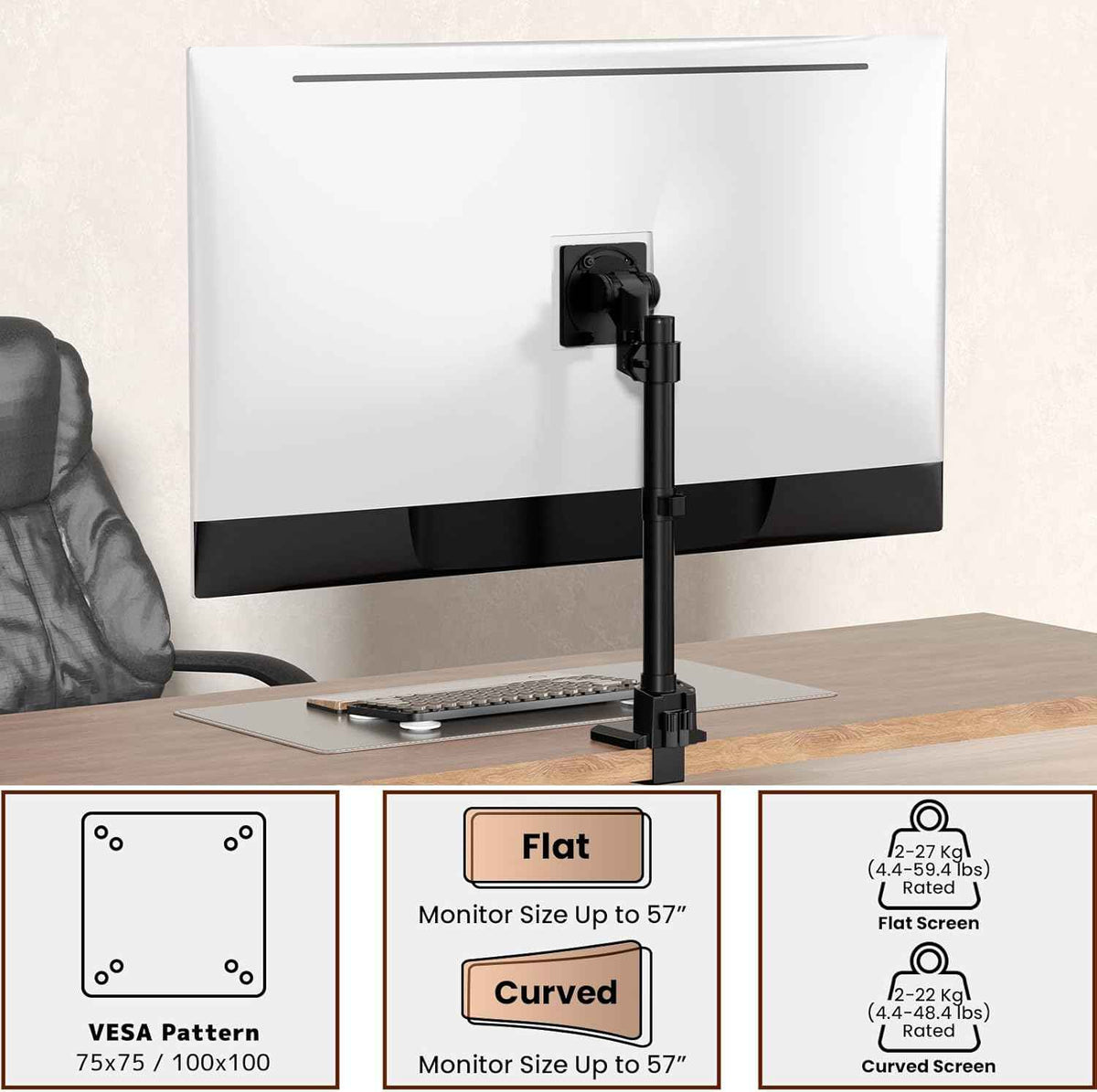 24-57'' Ultrawide Monitor Desk Mount, Aluminum Heavy Duty Monitor Arm | Low Profile, Topside Clamp/Grommet Mounting, Tilt, Swivel, Rotate, Holds up to 59.4lbs, VESA 75x75/100x100 mm, Black