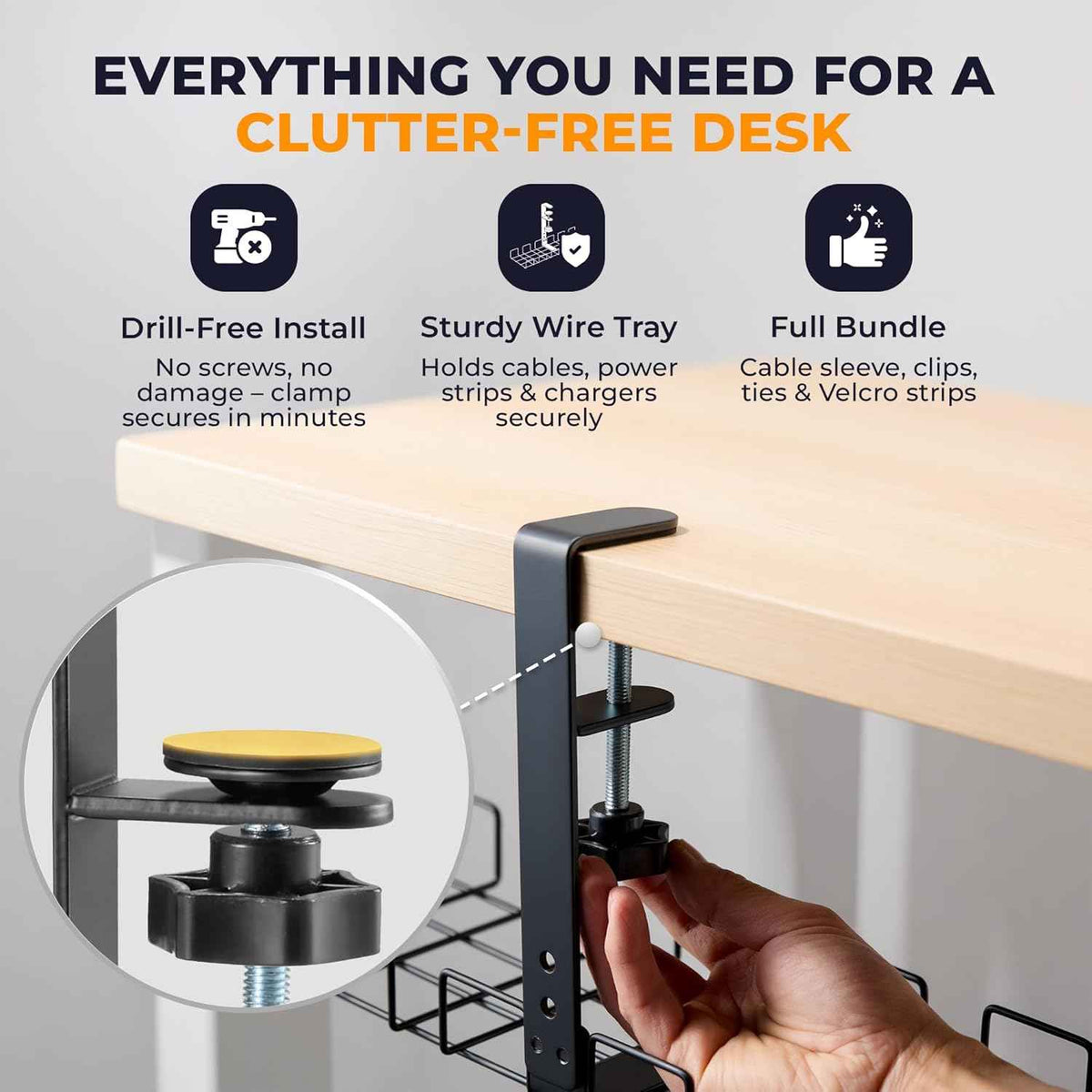 Clamp-On Under-Desk Cable Management Kit – Metal Tray with Sleeve, Clips and Ties, Black